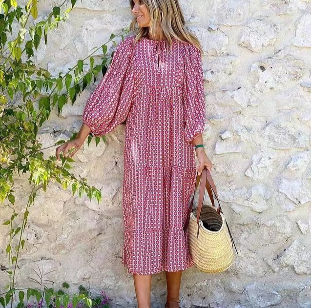 Flora | Women's Puff Sleeve V-Neck Boho Printed Maxi Dress - Seldom Seen Styles