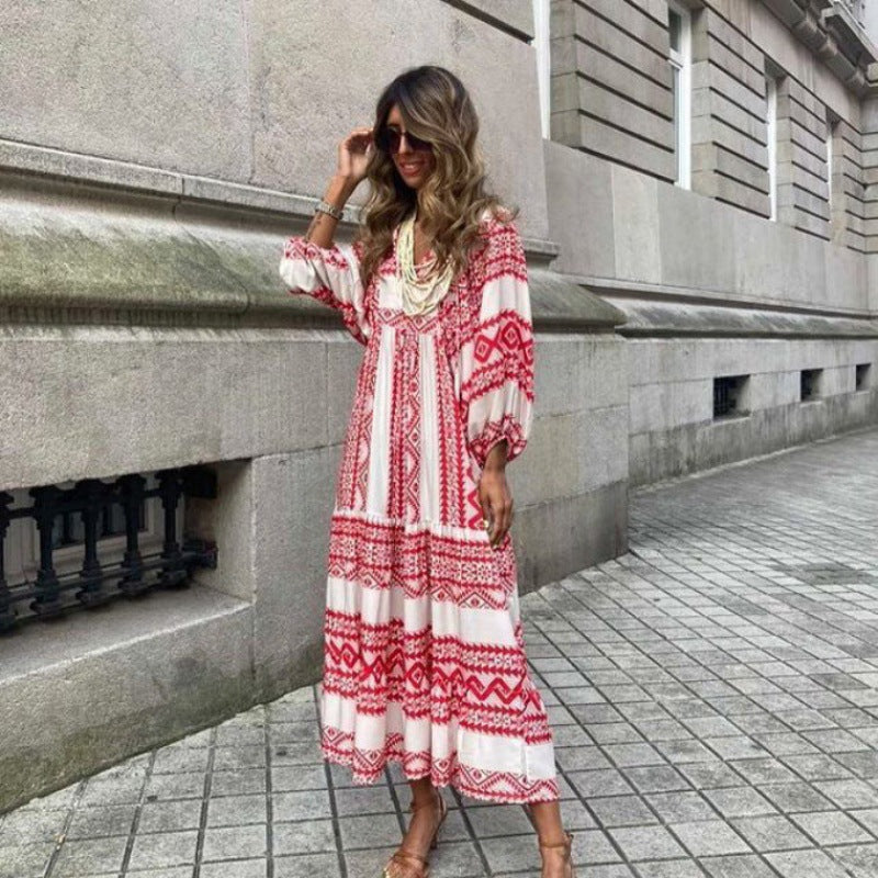 Flora | Women's Puff Sleeve V-Neck Boho Printed Maxi Dress - Seldom Seen Styles