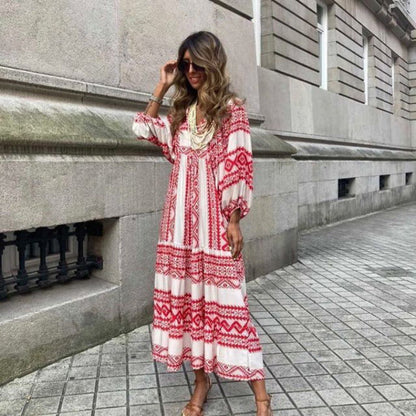 Flora | Women's Puff Sleeve V-Neck Boho Printed Maxi Dress