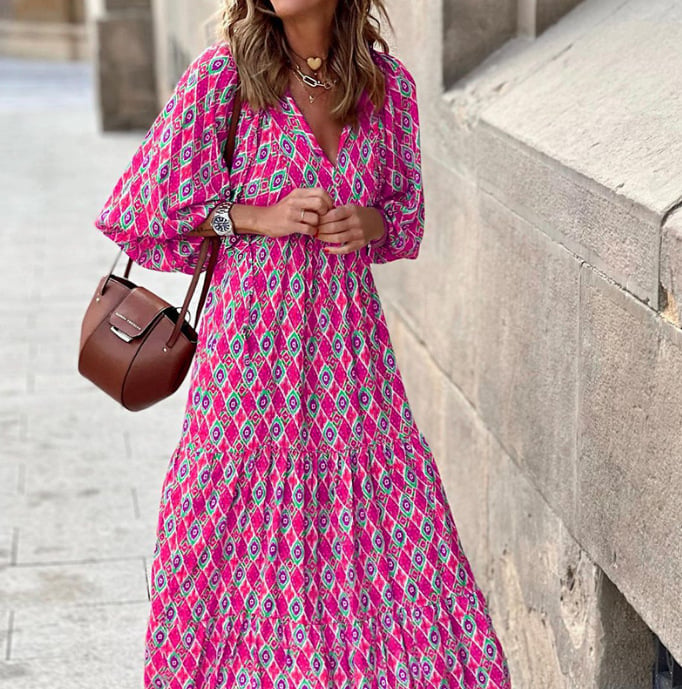 Flora | Women's Puff Sleeve V-Neck Boho Printed Maxi Dress - Seldom Seen Styles