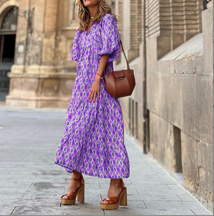 Flora | Women's Puff Sleeve V-Neck Boho Printed Maxi Dress - Seldom Seen Styles