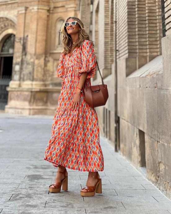 Flora | Women's Puff Sleeve V-Neck Boho Printed Maxi Dress - Seldom Seen Styles