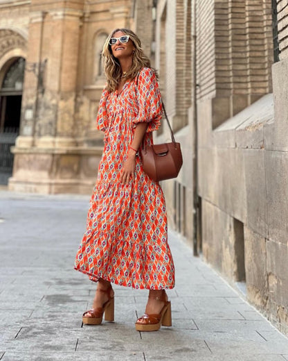 Flora | Women's Puff Sleeve V-Neck Boho Printed Maxi Dress