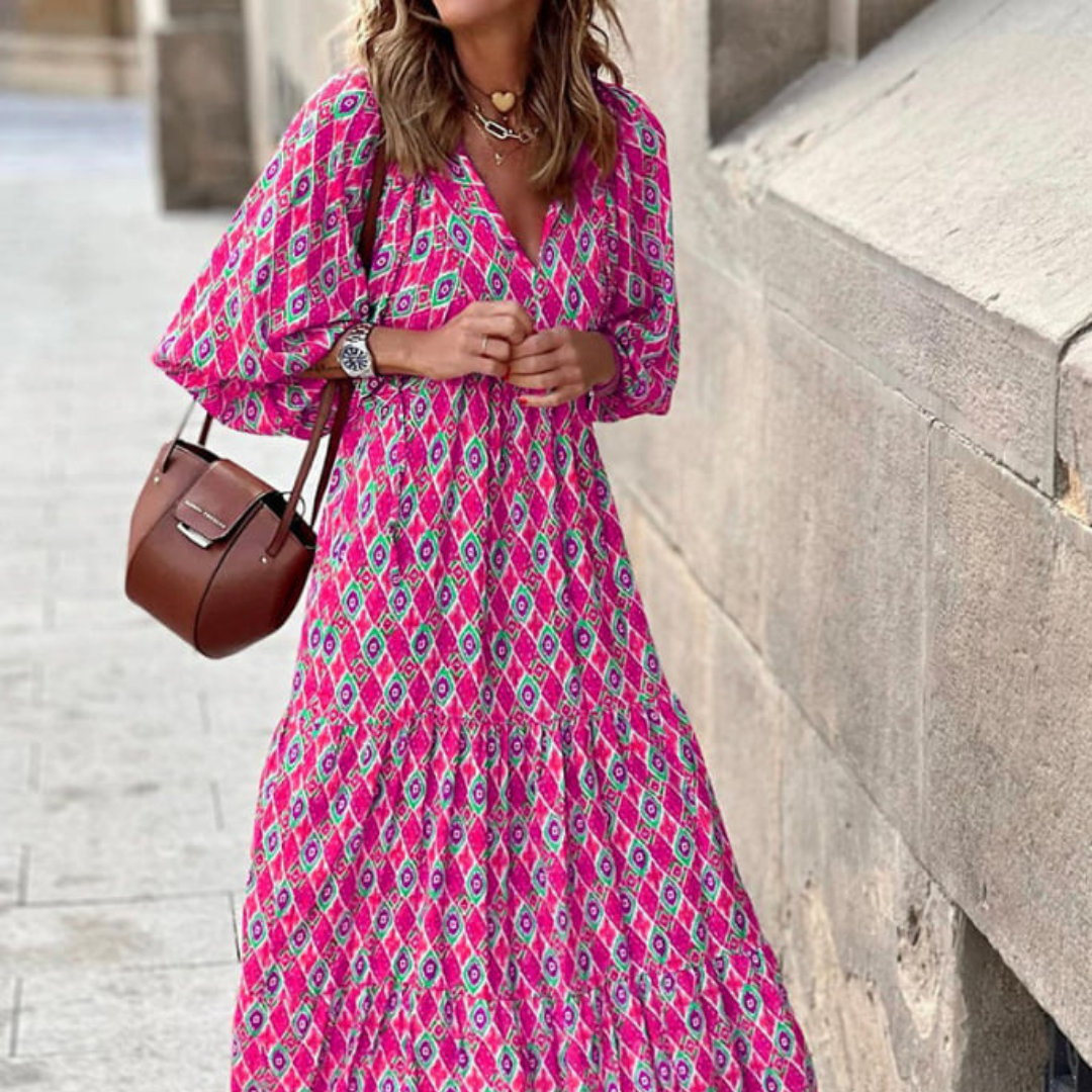 Flora | Women's Puff Sleeve V-Neck Boho Printed Maxi Dress - Seldom Seen Styles