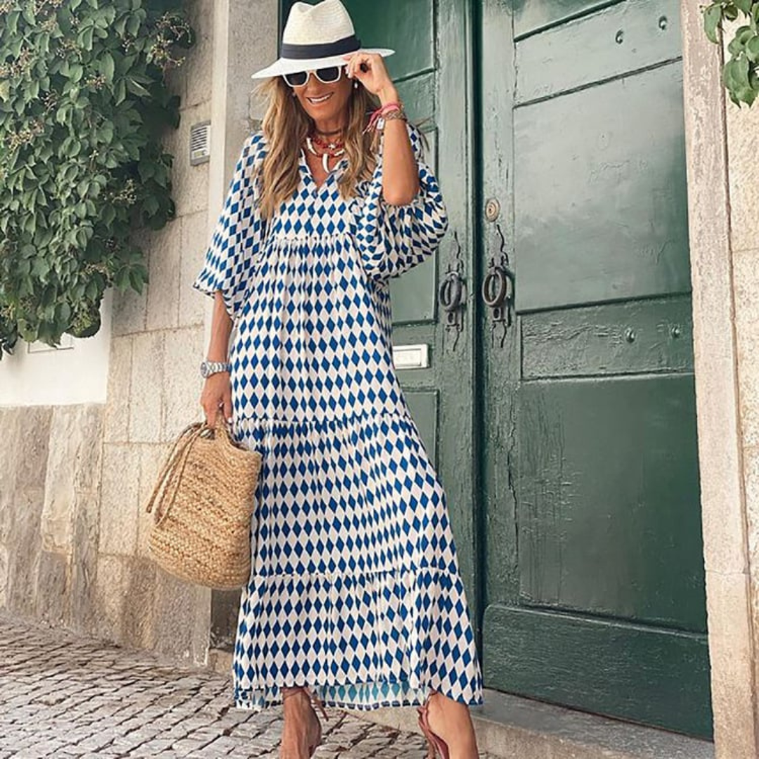 Flora | Women's Puff Sleeve V-Neck Boho Printed Maxi Dress - Seldom Seen Styles