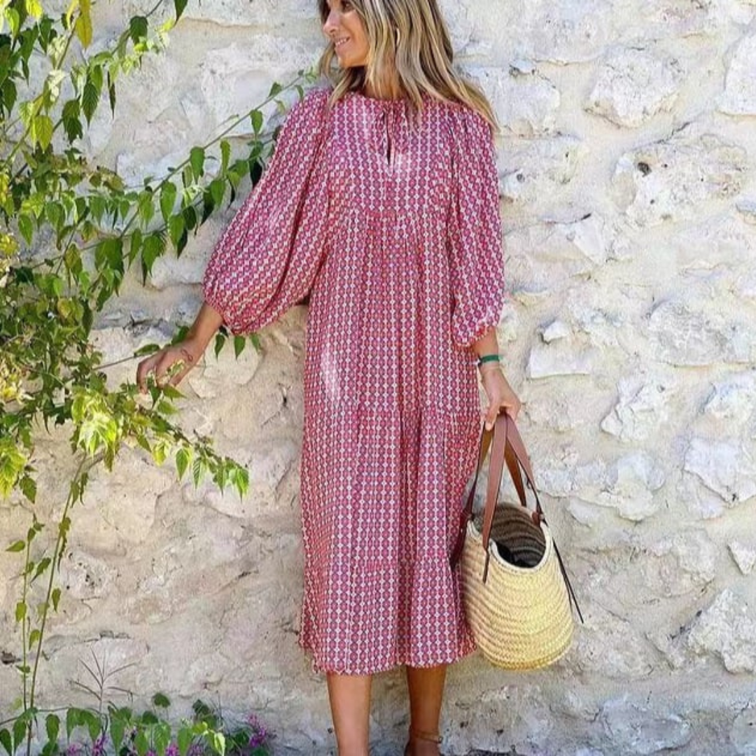 Flora | Women's Puff Sleeve V-Neck Boho Printed Maxi Dress - Seldom Seen Styles