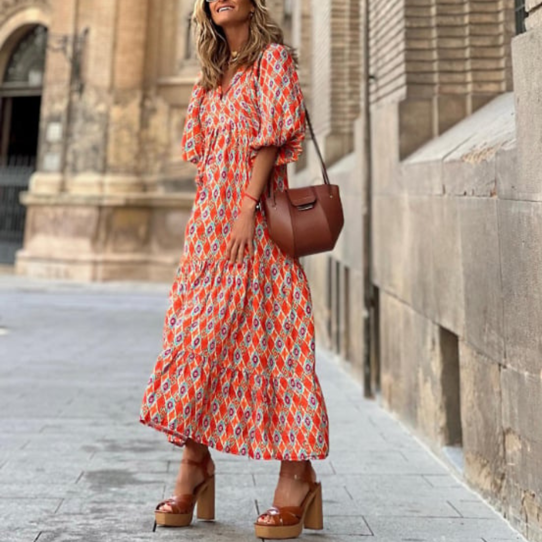 Flora | Women's Puff Sleeve V-Neck Boho Printed Maxi Dress - Seldom Seen Styles