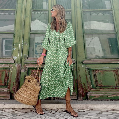 Flora | Women's Puff Sleeve V-Neck Boho Printed Maxi Dress