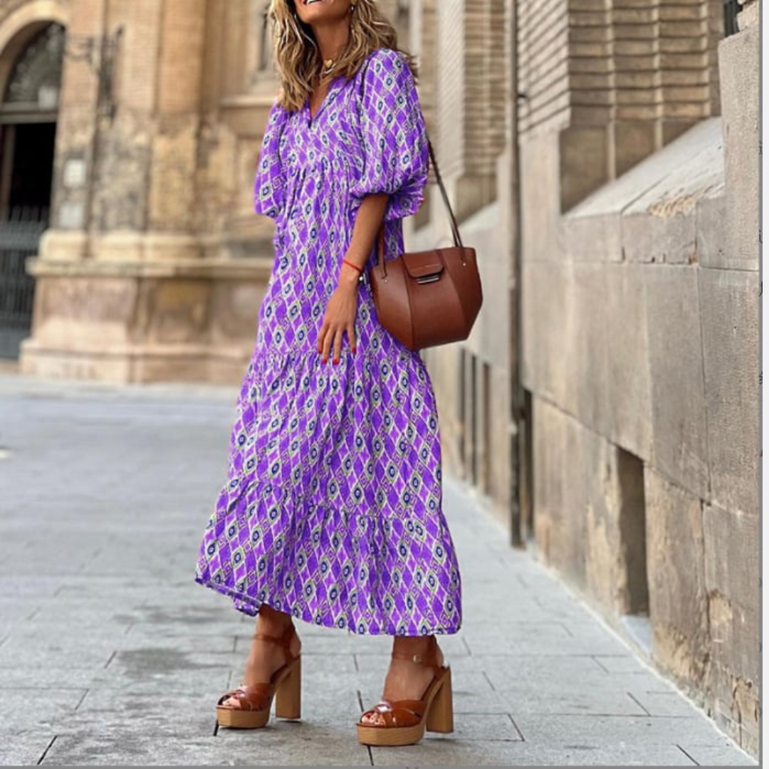 Flora | Women's Puff Sleeve V-Neck Boho Printed Maxi Dress - Seldom Seen Styles