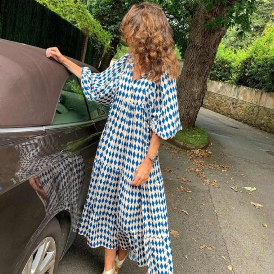Flora | Women's Puff Sleeve V-Neck Boho Printed Maxi Dress - Seldom Seen Styles