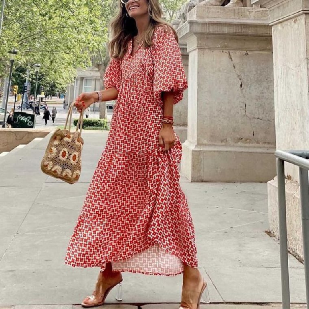 Flora | Women's Puff Sleeve V-Neck Boho Printed Maxi Dress - Seldom Seen Styles