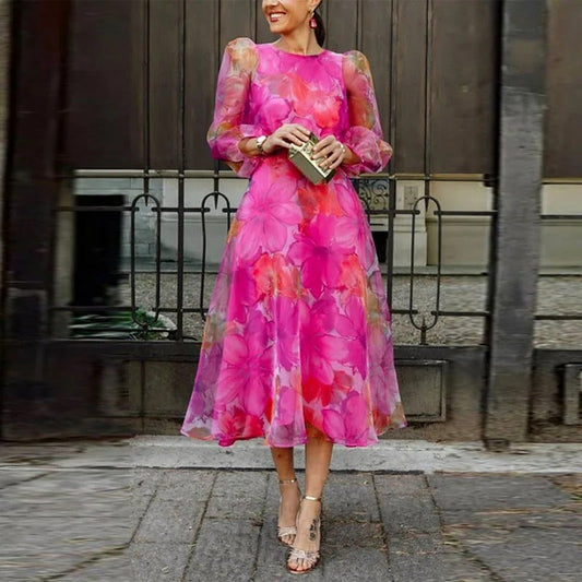 Floral Midi Dress with Sheer Long Sleeves - Seldom Seen Styles