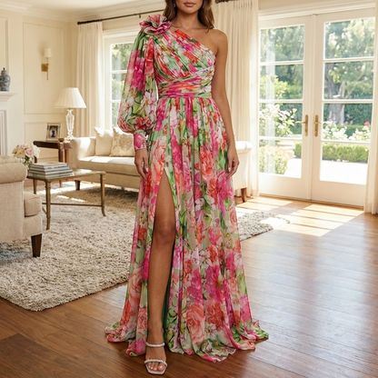 Robe longue asymétrique fleurie