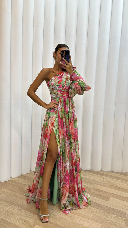 Robe longue asymétrique fleurie