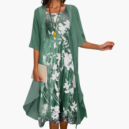 Floral Print Midi Dress and Chiffon Cardigan Two Piece Set