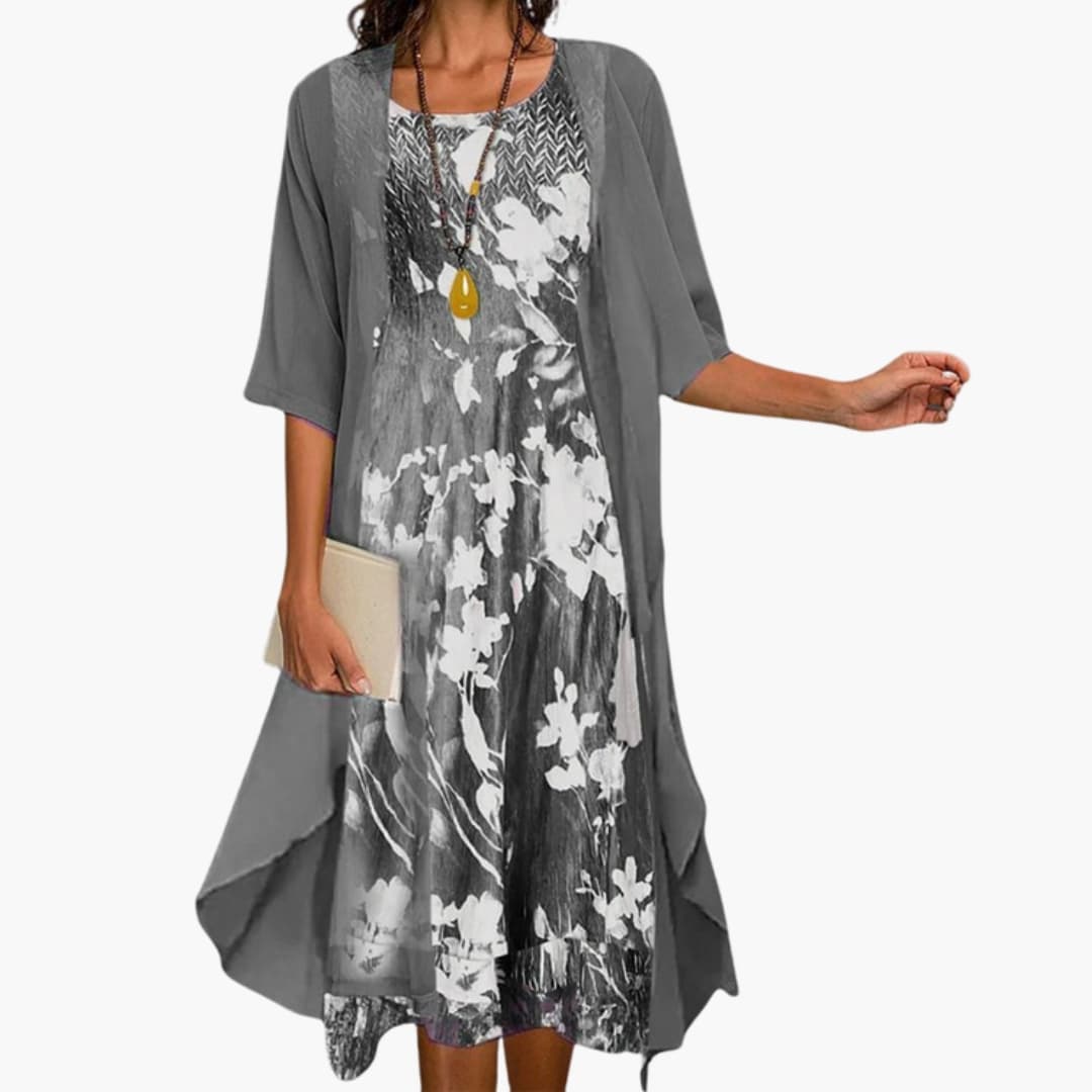 Floral Print Midi Dress and Chiffon Cardigan Two Piece Set - Seldom Seen Styles