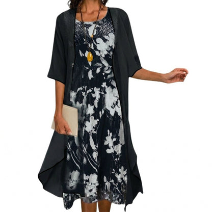 Floral Print Midi Dress and Chiffon Cardigan Two Piece Set