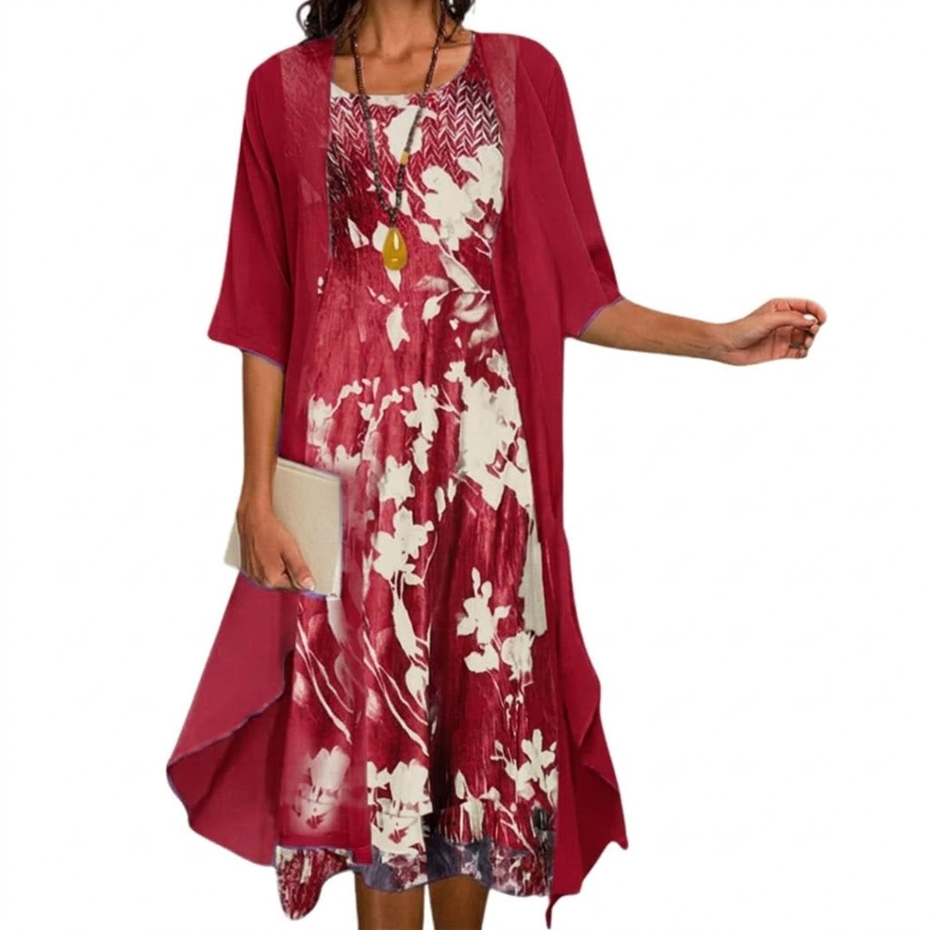 Floral Print Midi Dress and Chiffon Cardigan Two Piece Set - Seldom Seen Styles