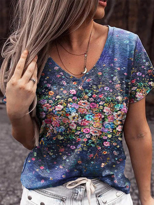 Floral Print V-neck Short Sleeves Casual T-shirt - Seldom Seen Styles