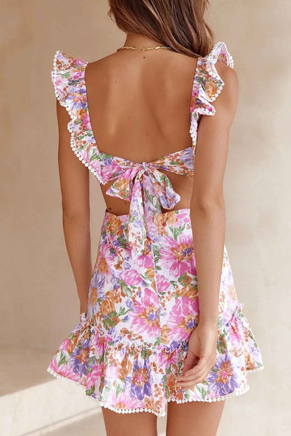 Floral Ruffle Back Tie Mini Dress - Seldom Seen Styles
