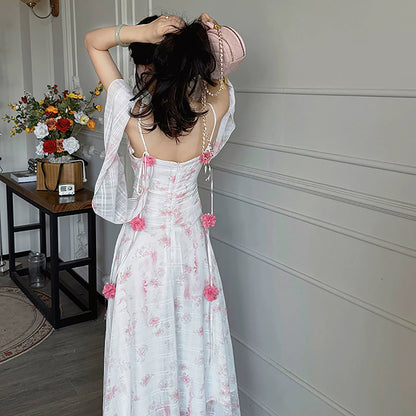 Robe longue fleurie à fines bretelles – Robe d'été évasée et fluide pour femme