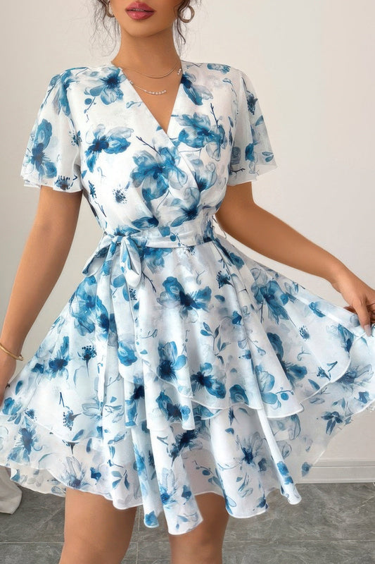 Floral V Neck Ruffle Sleeve Tie Belt Dress - Seldom Seen Styles