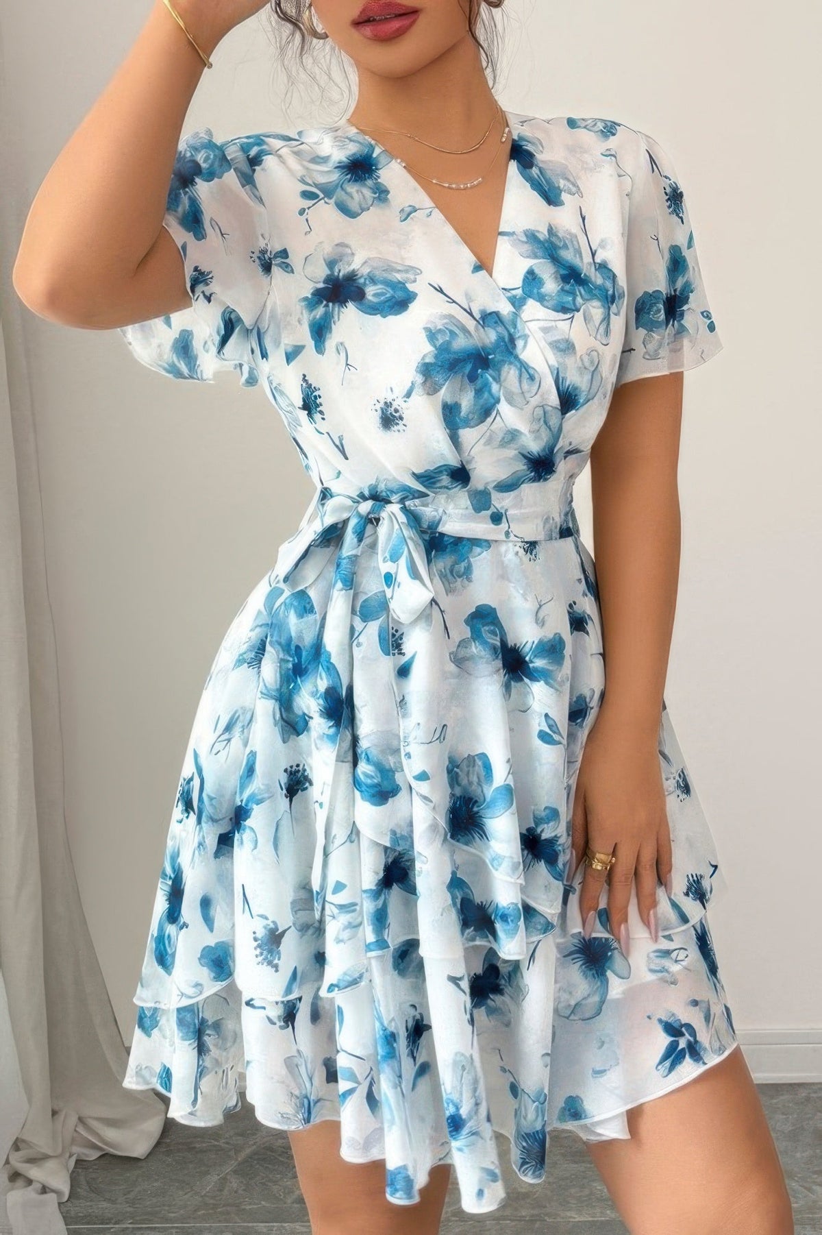 Floral V Neck Ruffle Sleeve Tie Belt Dress - Seldom Seen Styles