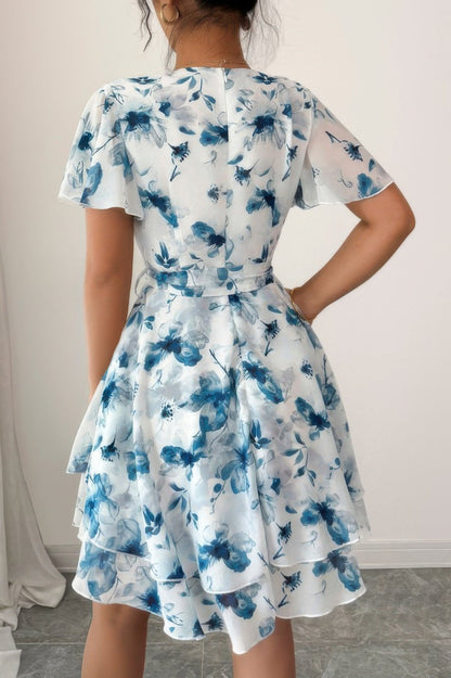 Floral V Neck Ruffle Sleeve Tie Belt Dress
