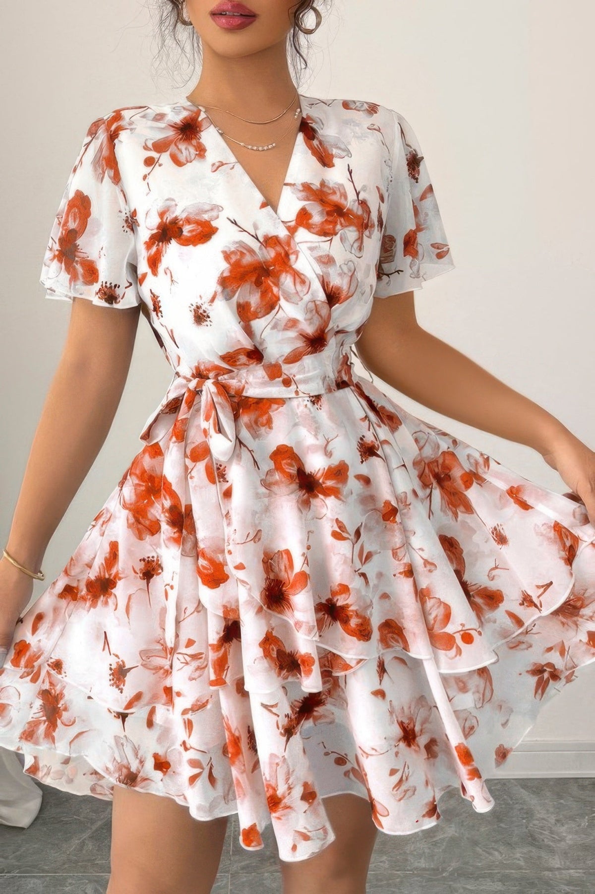 Floral V Neck Ruffle Sleeve Tie Belt Dress - Seldom Seen Styles