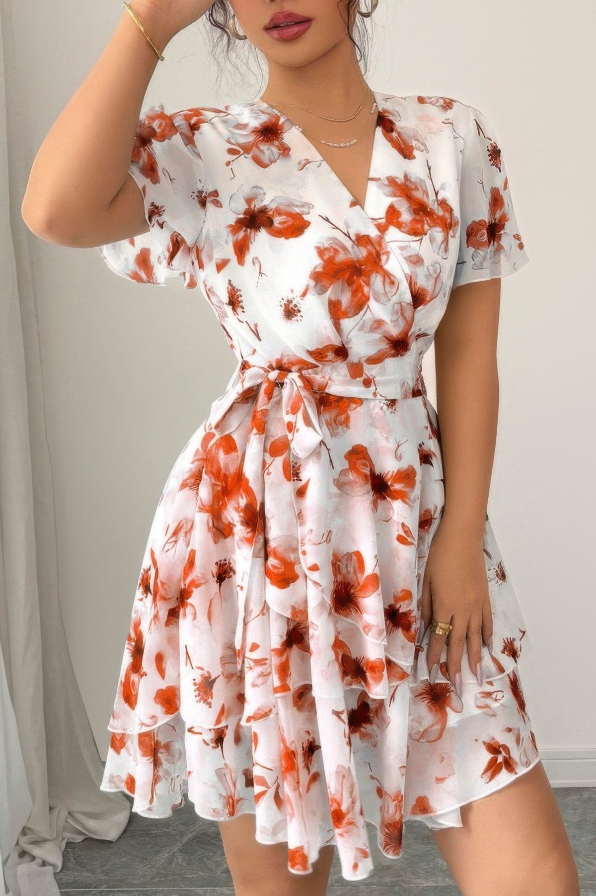 Floral V Neck Ruffle Sleeve Tie Belt Dress - Seldom Seen Styles