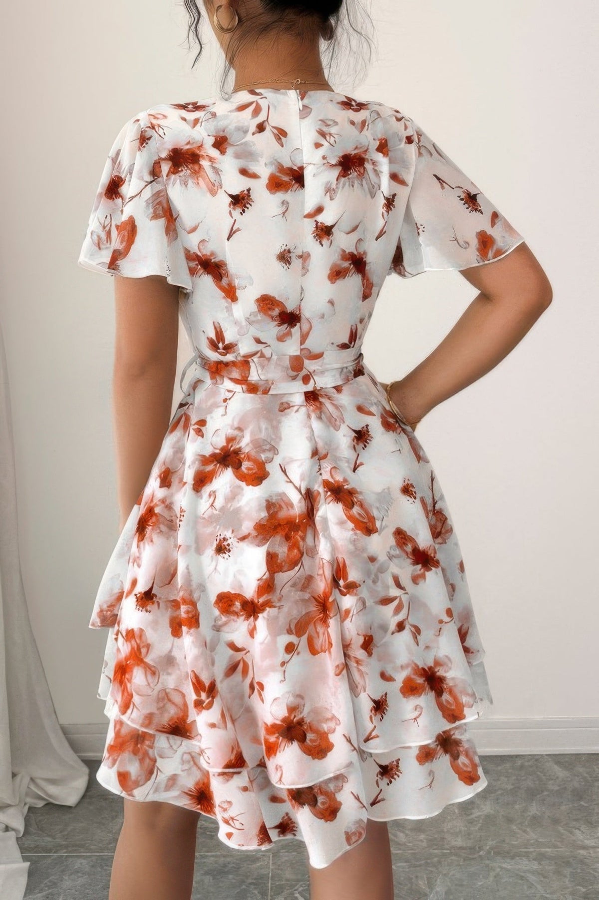 Floral V Neck Ruffle Sleeve Tie Belt Dress - Seldom Seen Styles