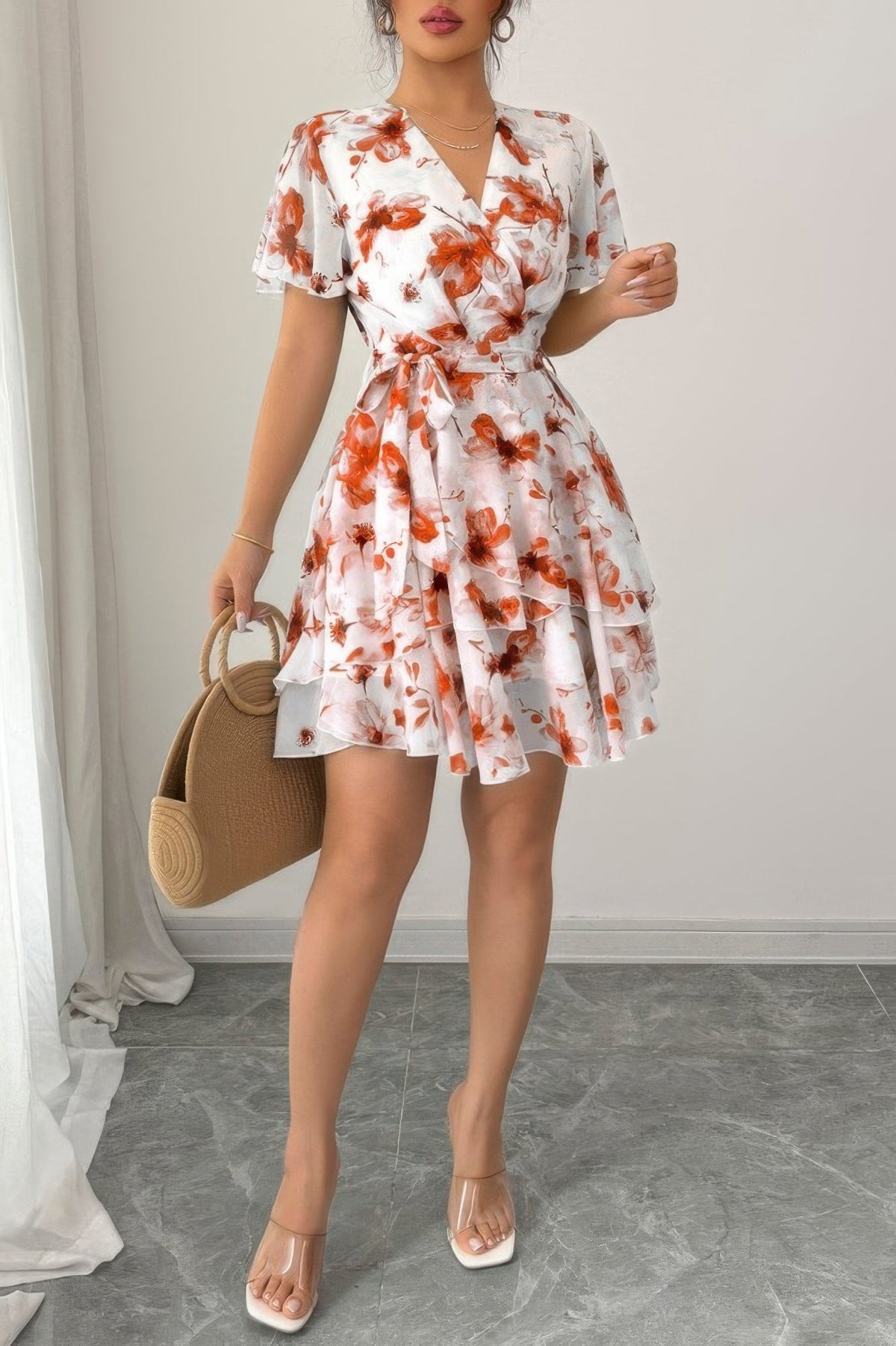 Floral V Neck Ruffle Sleeve Tie Belt Dress - Seldom Seen Styles