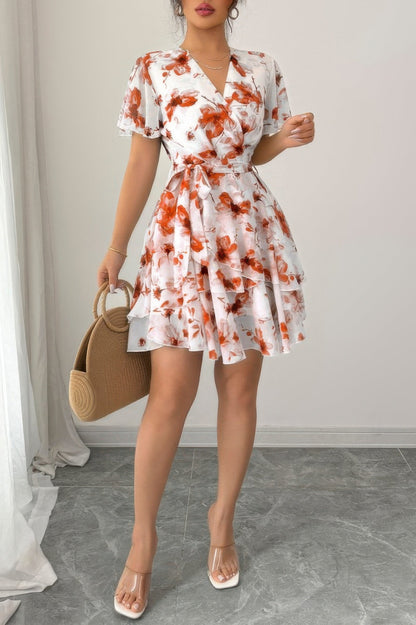 Floral V Neck Ruffle Sleeve Tie Belt Dress