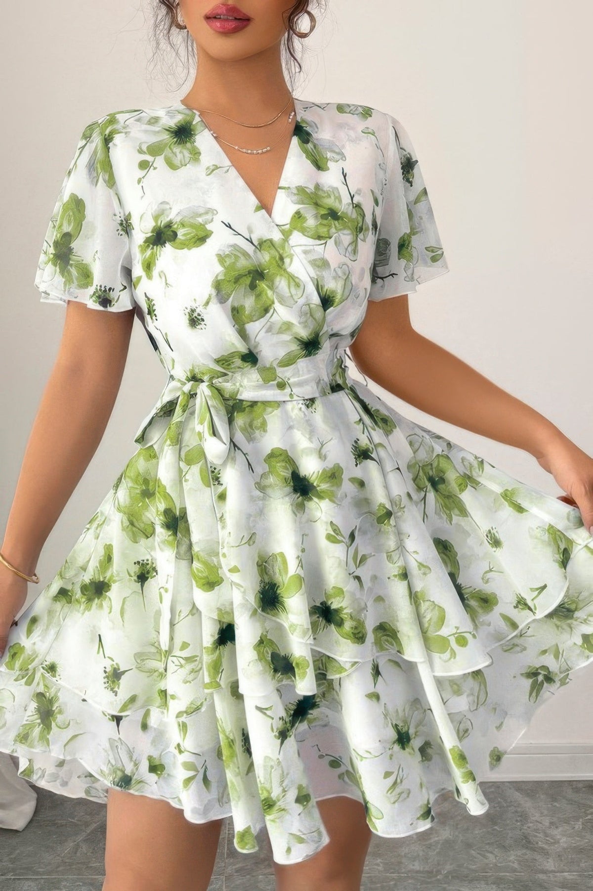 Floral V Neck Ruffle Sleeve Tie Belt Dress - Seldom Seen Styles