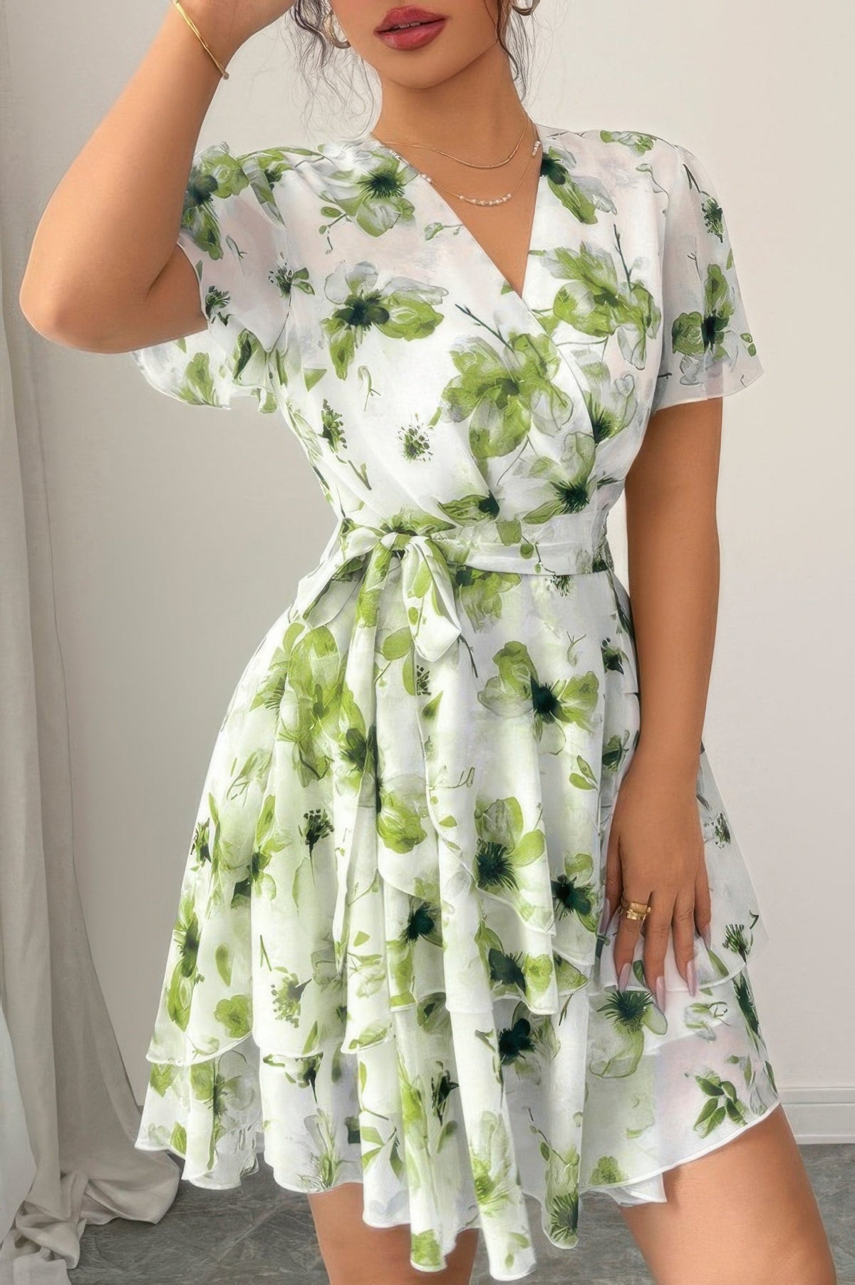Floral V Neck Ruffle Sleeve Tie Belt Dress - Seldom Seen Styles
