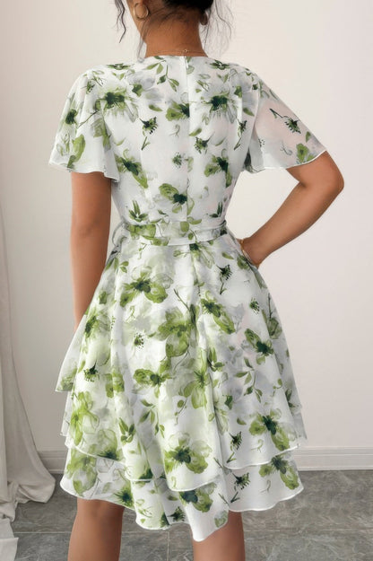 Floral V Neck Ruffle Sleeve Tie Belt Dress