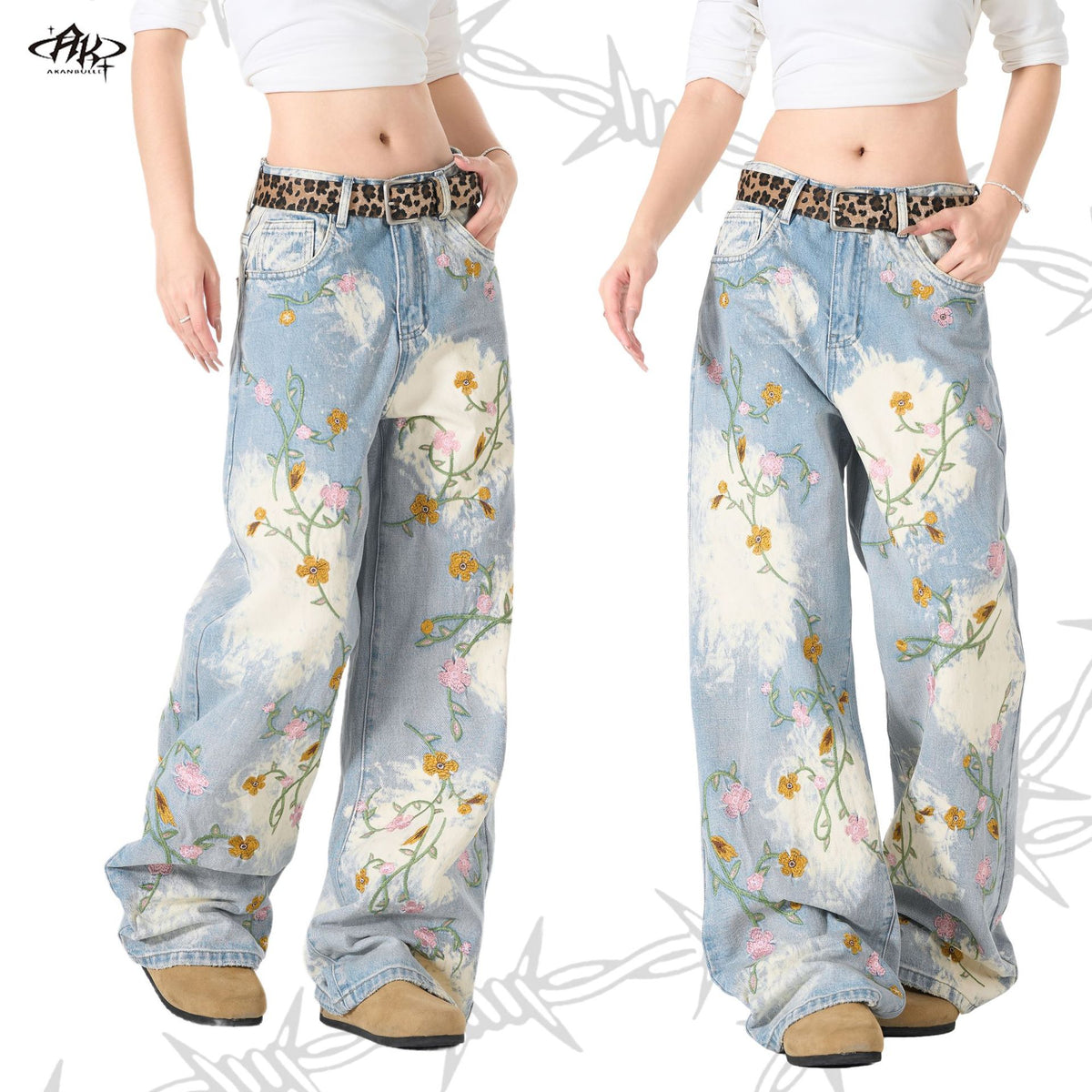 Flower Embroidery Washed Heavy Straight Jeans Retro American High Street Trendy Casual Denim Trousers | Bloom Wash - Seldom Seen Styles