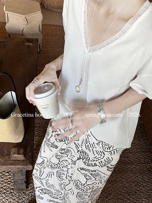 French Lace V-Neck T-Shirt – Minimal Loose Fit Casual Chic Summer Tee - Seldom Seen Styles