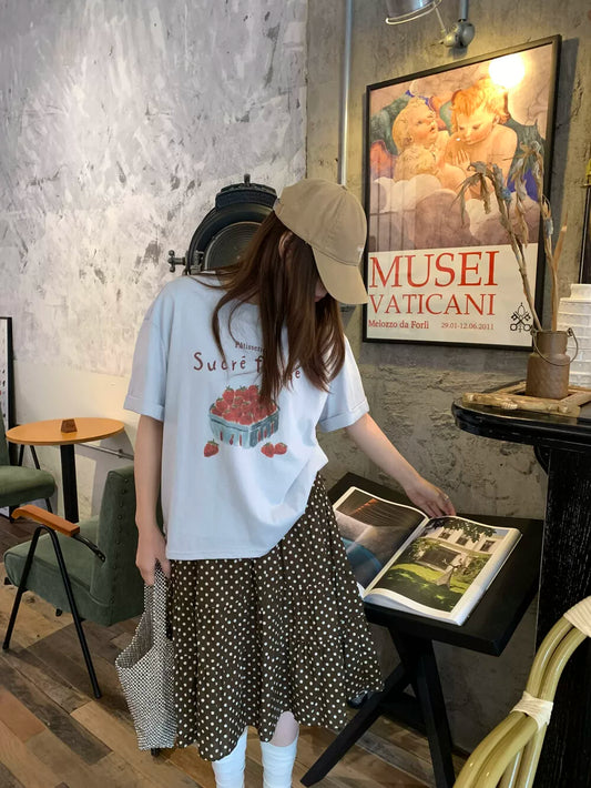 French Strawberry Graphic T-Shirt – Cute Aesthetic Summer Oversized Tee for Women - Seldom Seen Styles