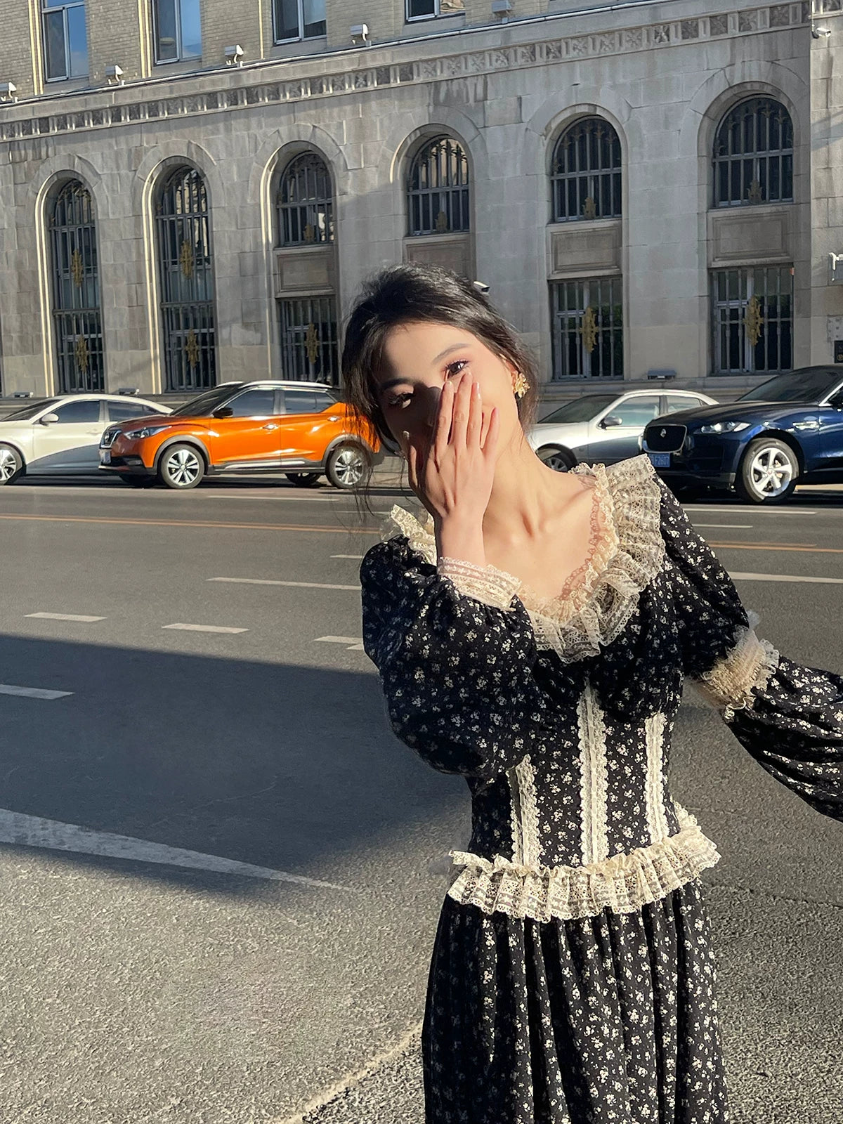 French Vintage Lace Corset Dress – Puff Sleeve Elegant Midi Dress for Women - Seldom Seen Styles