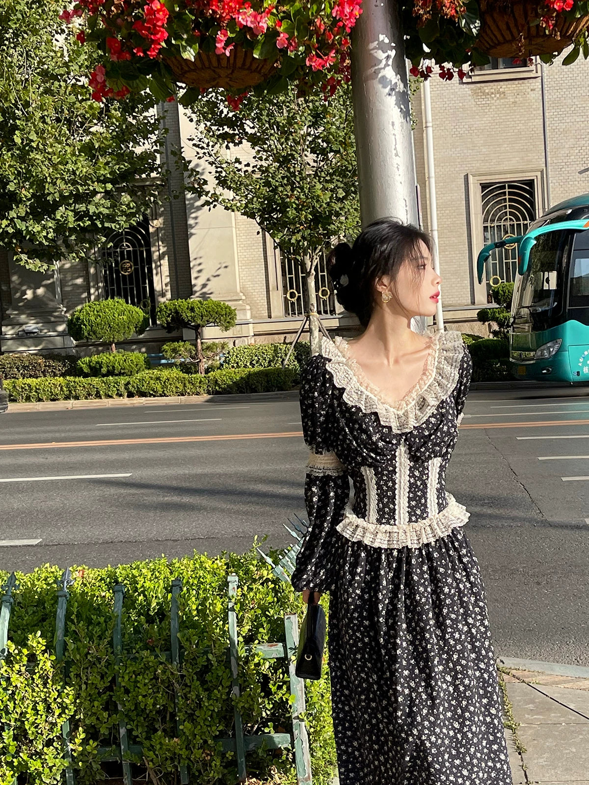 French Vintage Lace Corset Dress – Puff Sleeve Elegant Midi Dress for Women - Seldom Seen Styles