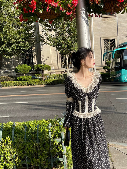 Robe Corset en Dentelle Vintage Française – Robe Midi Élégante à Manches Bouffantes pour Femme