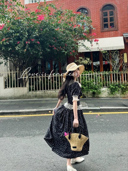 Robe Corset en Dentelle Vintage Française – Robe Midi Élégante à Manches Bouffantes pour Femme