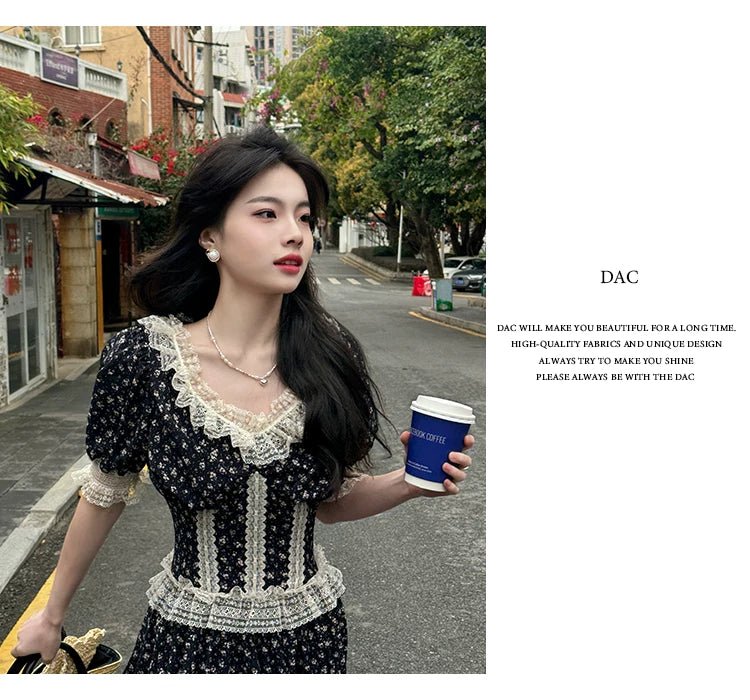 French Vintage Lace Corset Dress – Puff Sleeve Elegant Midi Dress for Women - Seldom Seen Styles