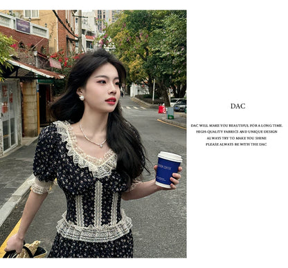 Robe Corset en Dentelle Vintage Française – Robe Midi Élégante à Manches Bouffantes pour Femme
