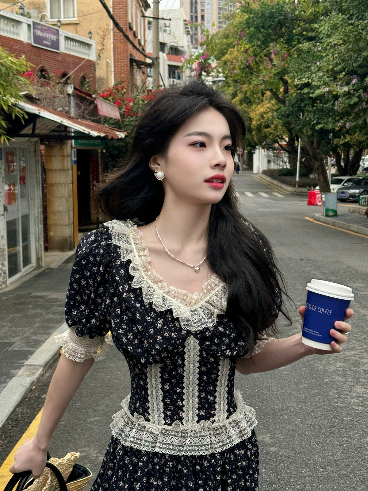 French Vintage Lace Corset Dress – Puff Sleeve Elegant Midi Dress for Women - Seldom Seen Styles