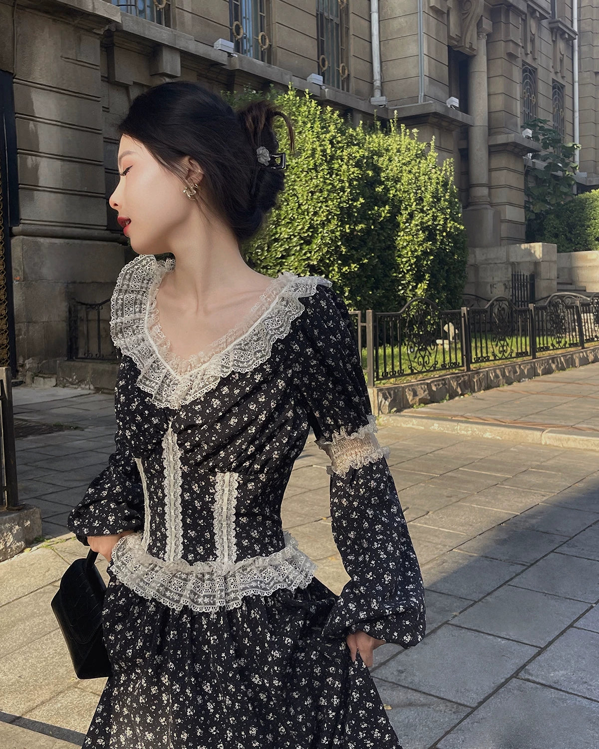 French Vintage Lace Corset Dress – Puff Sleeve Elegant Midi Dress for Women - Seldom Seen Styles