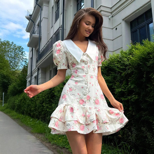 French v-neck bubble sleeve dress, summer waist print skirt ruffle edge dress - Seldom Seen Styles