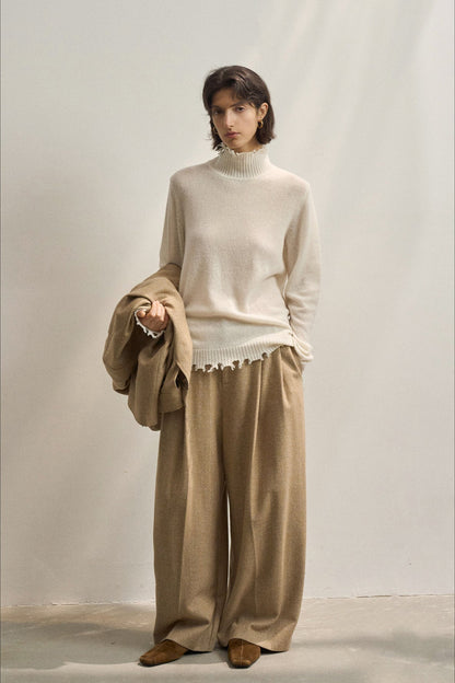 Pulls à col montant et franges pour femmes, col rabattu, couleur unie, épais et chaud