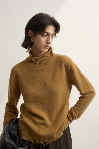 Pulls à col montant et franges pour femmes, col rabattu, couleur unie, épais et chaud